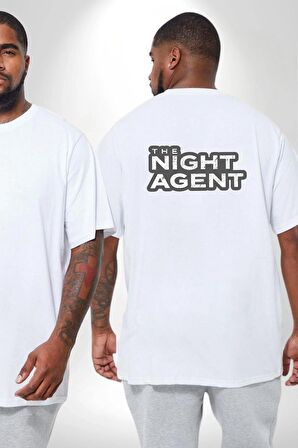 The Night Agent Büyük Beden Beyaz Tişört Kadın Erkek Ünisex Sırt Baskılı