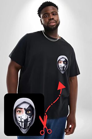 Maske Takan Kahraman Kafası Siyah Büyük Beden Kadın Basic Minimal Baskılı Tişört
