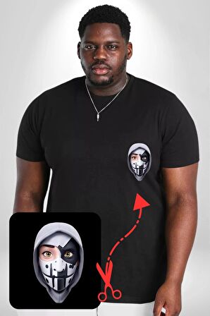 Maske Takan Kahraman Kafası Siyah Büyük Beden Kadın Basic Minimal Baskılı Tişört