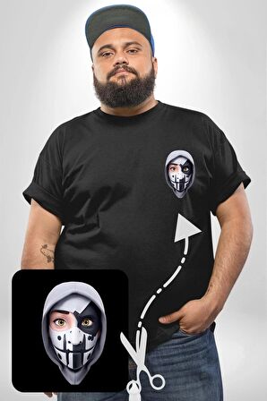 Maske Takan Kahraman Kafası Siyah Büyük Beden Kadın Basic Minimal Baskılı Tişört