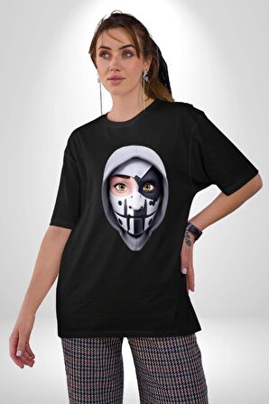 Maske Takan Kahraman Kafası Pamuklu Bisiklet Yaka Kadın Erkek Oversize Boyfriend Dijital Baskılı Siyah T-shirt