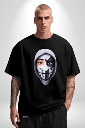 Maske Takan Kahraman Kafası Pamuklu Bisiklet Yaka Kadın Erkek Oversize Boyfriend Dijital Baskılı Siyah T-shirt