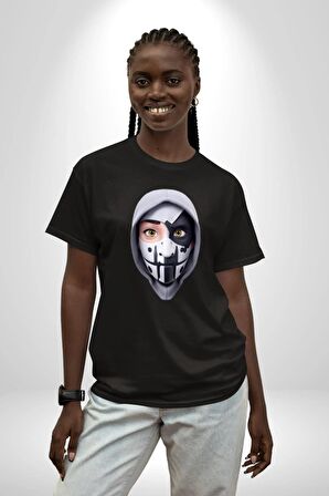 Maske Takan Kahraman Kafası Pamuklu Bisiklet Yaka Kadın Erkek Oversize Boyfriend Dijital Baskılı Siyah T-shirt