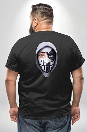 Maske Takan Kahraman Kafası Büyük Beden Siyah Tişört Kadın Erkek Ünisex Sırt Baskılı