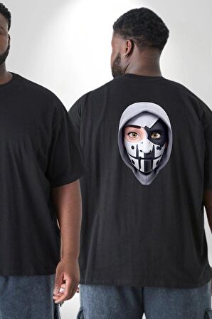 Maske Takan Kahraman Kafası Büyük Beden Siyah Tişört Kadın Erkek Ünisex Sırt Baskılı