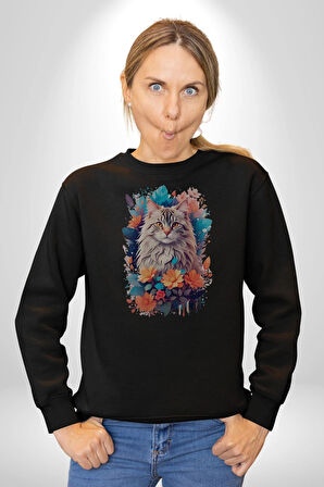 Çiçek Kedi Sulu Boya Kadın Erkek  Siyah Baskılı Sweatshirt 