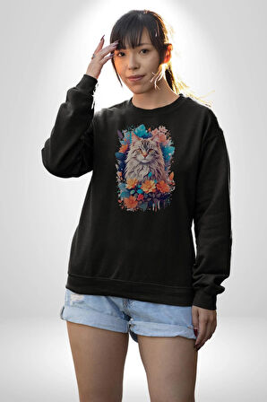 Çiçek Kedi Sulu Boya Kadın Erkek  Siyah Baskılı Sweatshirt 