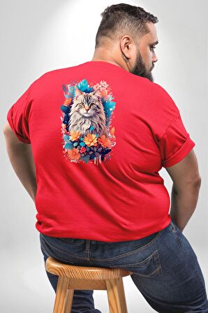 Çiçek Kedi Sulu Boya Büyük Beden Kırmızı Tişört Kadın Erkek Ünisex Sırt Baskılı
