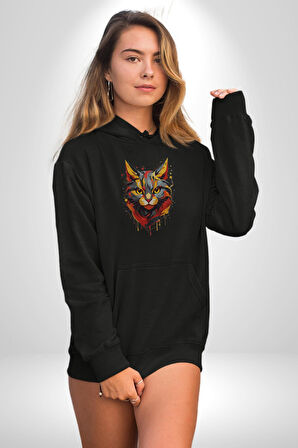 Sarı Kırmızı Kedi Boyalı Kadın Erkek  Siyah Kapüşonlu Sweatshirt Hoodie