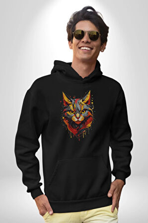 Sarı Kırmızı Kedi Boyalı Kadın Erkek  Siyah Kapüşonlu Sweatshirt Hoodie