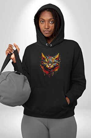 Sarı Kırmızı Kedi Boyalı Kadın Erkek  Siyah Kapüşonlu Sweatshirt Hoodie