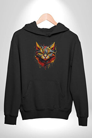 Sarı Kırmızı Kedi Boyalı Kadın Erkek  Siyah Kapüşonlu Sweatshirt Hoodie