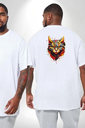 Sarı Beyaz Kedi Boyalı Büyük Beden Beyaz Tişört Kadın Erkek Ünisex Sırt Baskılı