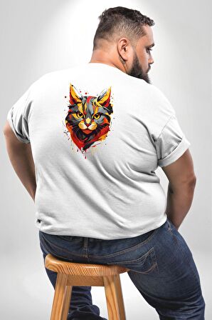 Sarı Beyaz Kedi Boyalı Büyük Beden Beyaz Tişört Kadın Erkek Ünisex Sırt Baskılı