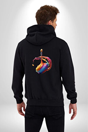 Resim Fırcası  Kadın Erkek Siyah Renk Kapüşonlu Kanguru Cepli  Fermuarlı Pamuklu Oversize Dijital Baskılı Hırka Sweatshirt