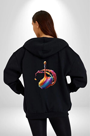 Resim Fırcası  Kadın Erkek Siyah Renk Kapüşonlu Kanguru Cepli  Fermuarlı Pamuklu Oversize Dijital Baskılı Hırka Sweatshirt