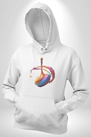 Resim Fırcası  Kadın Erkek  Beyaz Kapüşonlu Sweatshirt Hoodie