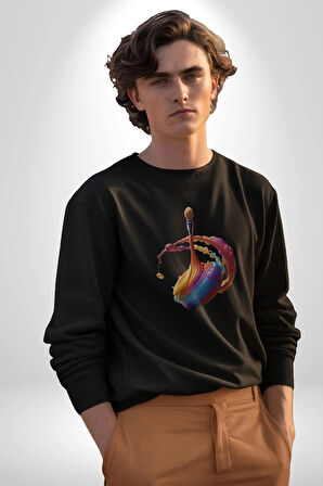 Resim Fırcası  Kadın Erkek  Siyah Baskılı Sweatshirt 