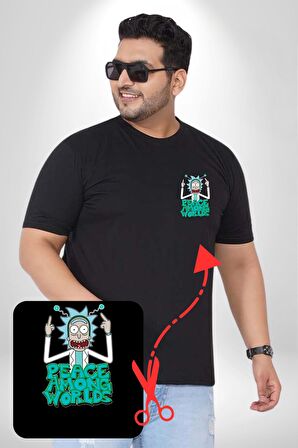 Rick And Morty Dünyalar Arası Barış Siyah Büyük Beden Kadın Basic Minimal Baskılı Tişört