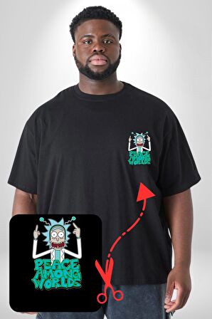 Rick And Morty Dünyalar Arası Barış Siyah Büyük Beden Kadın Basic Minimal Baskılı Tişört