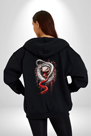 Beyaz Ve Kırmızı Yılan Kadın Erkek Siyah Renk Kapüşonlu Kanguru Cepli  Fermuarlı Pamuklu Oversize Dijital Baskılı Hırka Sweatshirt