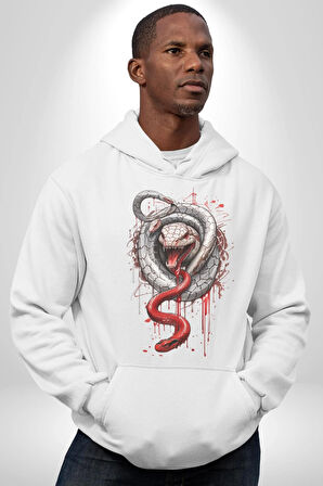 Beyaz Ve Kırmızı Yılan Kadın Erkek  Beyaz Kapüşonlu Sweatshirt Hoodie