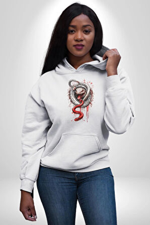 Beyaz Ve Kırmızı Yılan Kadın Erkek  Beyaz Kapüşonlu Sweatshirt Hoodie