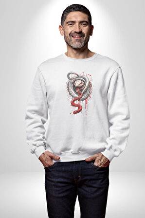 Beyaz Ve Kırmızı Yılan Kadın Erkek  Beyaz Baskılı Sweatshirt 