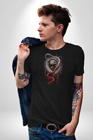 Siyah Ve Kırmızı Yılan Kadın Erkek Unisex Siyah Organik Baskılı T-Shirt Penye Yüksek Kalite