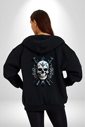 Kuru Kafa Yapay Zeka Tasarım Kadın Erkek Siyah Renk Kapüşonlu Kanguru Cepli  Fermuarlı Pamuklu Oversize Dijital Baskılı Hırka Sweatshirt
