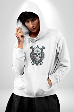 Kuru Kafa Yapay Zeka Tasarım Kadın Erkek  Beyaz Kapüşonlu Sweatshirt Hoodie