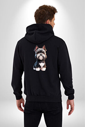 Sevimli Beyaz Gri Köpek Kadın Erkek Siyah Renk Kapüşonlu Kanguru Cepli  Fermuarlı Pamuklu Oversize Dijital Baskılı Hırka Sweatshirt