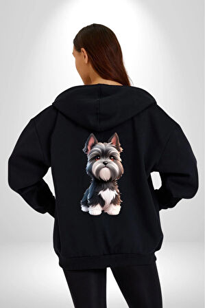 Sevimli Beyaz Gri Köpek Kadın Erkek Siyah Renk Kapüşonlu Kanguru Cepli  Fermuarlı Pamuklu Oversize Dijital Baskılı Hırka Sweatshirt