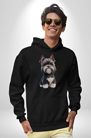 Sevimli Beyaz Gri Köpek Kadın Erkek  Siyah Kapüşonlu Sweatshirt Hoodie