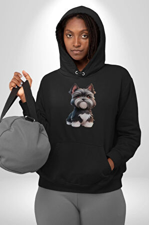 Sevimli Beyaz Gri Köpek Kadın Erkek  Siyah Kapüşonlu Sweatshirt Hoodie