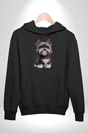 Sevimli Beyaz Gri Köpek Kadın Erkek  Siyah Kapüşonlu Sweatshirt Hoodie