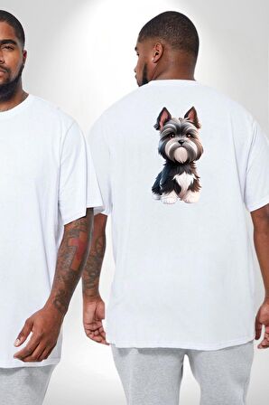 Sevimli Beyaz Gri Köpek Büyük Beden Beyaz Tişört Kadın Erkek Ünisex Sırt Baskılı