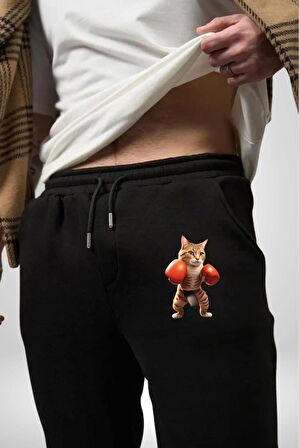 Boks Yapan Kedi Pamuklu 3 İplik Siyah Eşofman Altı Erkek Oversize Kesim Dijital Baskılı