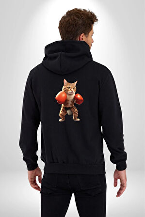 Boks Yapan Kedi Kadın Erkek Siyah Renk Kapüşonlu Kanguru Cepli  Fermuarlı Pamuklu Oversize Dijital Baskılı Hırka Sweatshirt