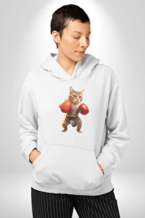 Boks Yapan Kedi Kadın Erkek  Beyaz Kapüşonlu Sweatshirt Hoodie