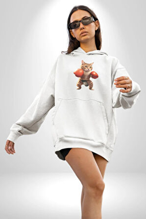 Boks Yapan Kedi Kadın Erkek  Beyaz Kapüşonlu Sweatshirt Hoodie