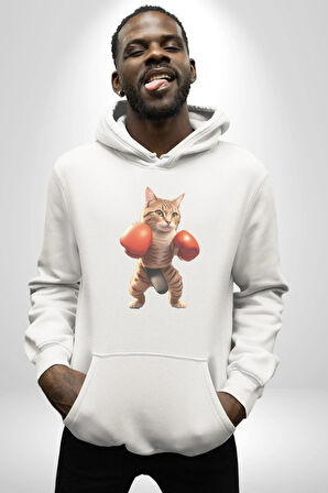 Boks Yapan Kedi Kadın Erkek  Beyaz Kapüşonlu Sweatshirt Hoodie