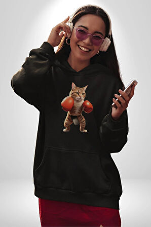 Boks Yapan Kedi Kadın Erkek  Siyah Kapüşonlu Sweatshirt Hoodie