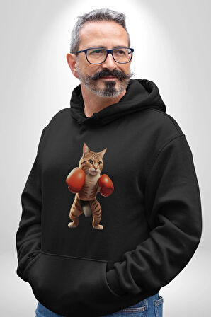 Boks Yapan Kedi Kadın Erkek  Siyah Kapüşonlu Sweatshirt Hoodie