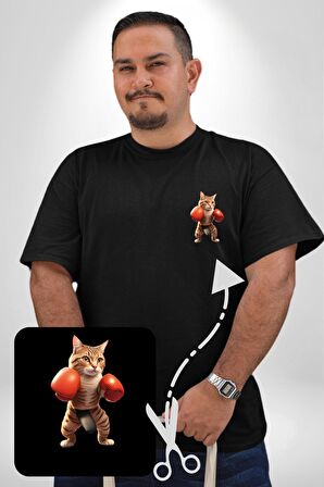 Boks Yapan Kedi Siyah Büyük Beden Kadın Basic Minimal Baskılı Tişört