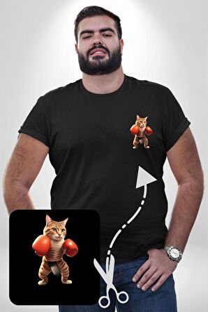 Boks Yapan Kedi Siyah Büyük Beden Kadın Basic Minimal Baskılı Tişört