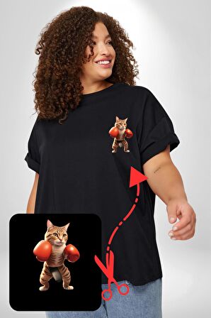 Boks Yapan Kedi Siyah Büyük Beden Kadın Basic Minimal Baskılı Tişört