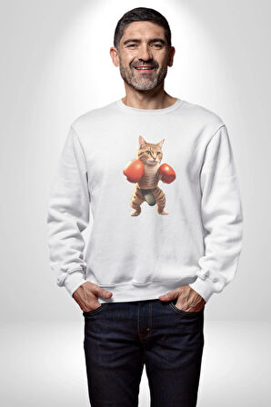 Boks Yapan Kedi Kadın Erkek  Beyaz Baskılı Sweatshirt 