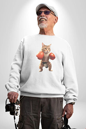 Boks Yapan Kedi Kadın Erkek  Beyaz Baskılı Sweatshirt 