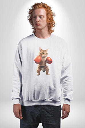Boks Yapan Kedi Kadın Erkek  Beyaz Baskılı Sweatshirt 